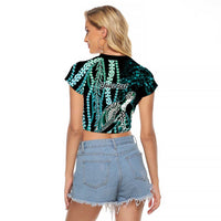 Hawaiian Honu Personalized Raglan Cropped T Shirt Dark Cyan Maile Pikake Flower Lei Inspired