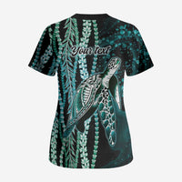 Hawaiian Honu Personalized Scrub Top Dark Cyan Maile Pikake Flower Lei Inspired LT9 - Polynesian Pride