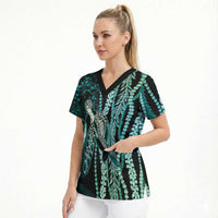 Hawaiian Honu Personalized Scrub Top Dark Cyan Maile Pikake Flower Lei Inspired LT9 - Polynesian Pride