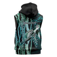 Hawaiian Honu Personalized Sleeveless Zip Hoodie Dark Cyan Maile Pikake Flower Lei Inspired LT9 - Polynesian Pride