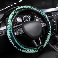 Hawaiian Honu Steering Wheel Cover Dark Cyan Maile Pikake Flower Lei Inspired LT9 Universal Fit Cyan - Polynesian Pride