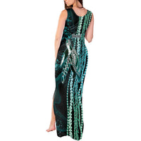 Hawaiian Honu Personalized Tank Maxi Dress Dark Cyan Maile Pikake Flower Lei Inspired LT9 - Polynesian Pride