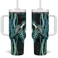 Hawaiian Honu Personalized Tumbler With Handle Dark Cyan Maile Pikake Flower Lei Inspired LT9 One Size: 40 oz Cyan - Polynesian Pride