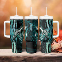 Hawaiian Honu Personalized Tumbler With Handle Dark Cyan Maile Pikake Flower Lei Inspired LT9 - Polynesian Pride