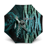 Hawaiian Honu Personalized Umbrella Dark Cyan Maile Pikake Flower Lei Inspired LT9 One Size Folded 11.42 inch Opened Diameter 37.4 inch Cyan - Polynesian Pride
