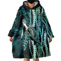 Hawaiian Honu Personalized Wearable Blanket Hoodie Dark Cyan Maile Pikake Flower Lei Inspired LT9 - Polynesian Pride