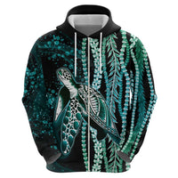 Hawaiian Honu Personalized Zip Hoodie Dark Cyan Maile Pikake Flower Lei Inspired LT9 - Polynesian Pride