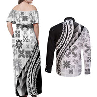 Black Hawaiian Quilt Pattern Couples Matching Off Shoulder Maxi Dress and Long Sleeve Button Shirt Mixed Polynesian Tribal Arty