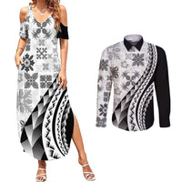 Black Hawaiian Quilt Pattern Couples Matching Summer Maxi Dress and Long Sleeve Button Shirt Mixed Polynesian Tribal Arty