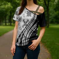 Black Hawaiian Quilt Pattern Cross Shoulder Shirt Mixed Polynesian Tribal Arty - Polynesian Pride