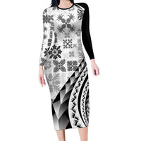 Black Hawaiian Quilt Pattern Family Matching Long Sleeve Bodycon Dress and Hawaiian Shirt Mixed Polynesian Tribal Arty