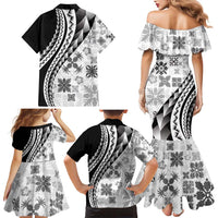 Black Hawaiian Quilt Pattern Family Matching Mermaid Dress and Hawaiian Shirt Mixed Polynesian Tribal Arty