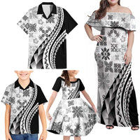 Black Hawaiian Quilt Pattern Family Matching Off Shoulder Maxi Dress and Hawaiian Shirt Mixed Polynesian Tribal Arty