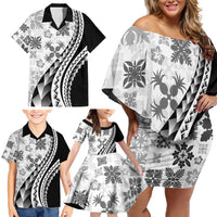 Black Hawaiian Quilt Pattern Family Matching Off Shoulder Short Dress and Hawaiian Shirt Mixed Polynesian Tribal Arty