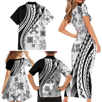 Black Hawaiian Quilt Pattern Family Matching Short Sleeve Bodycon Dress and Hawaiian Shirt Mixed Polynesian Tribal Arty