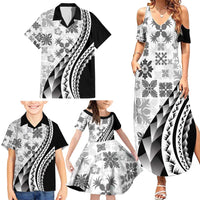 Black Hawaiian Quilt Pattern Family Matching Summer Maxi Dress and Hawaiian Shirt Mixed Polynesian Tribal Arty