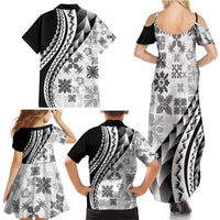 Black Hawaiian Quilt Pattern Family Matching Summer Maxi Dress and Hawaiian Shirt Mixed Polynesian Tribal Arty