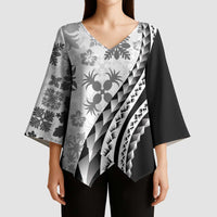 Black Hawaiian Quilt Pattern Kimono Sleeve Blouse Mixed Polynesian Tribal Arty - Polynesian Pride