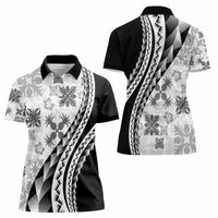 Black Hawaiian Quilt Pattern Women Polo Shirt Mixed Polynesian Tribal Arty