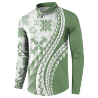 Green Hawaiian Quilt Pattern Button Sweatshirt Mixed Polynesian Tribal Arty
