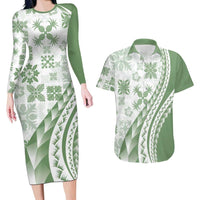 Green Hawaiian Quilt Pattern Couples Matching Long Sleeve Bodycon Dress and Hawaiian Shirt Mixed Polynesian Tribal Arty