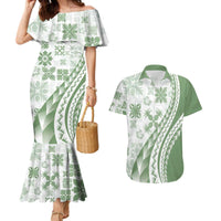 Green Hawaiian Quilt Pattern Couples Matching Mermaid Dress and Hawaiian Shirt Mixed Polynesian Tribal Arty