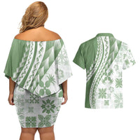 Green Hawaiian Quilt Pattern Couples Matching Off Shoulder Short Dress and Hawaiian Shirt Mixed Polynesian Tribal Arty