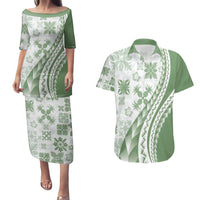Green Hawaiian Quilt Pattern Couples Matching Puletasi and Hawaiian Shirt Mixed Polynesian Tribal Arty