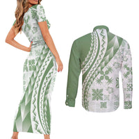 Green Hawaiian Quilt Pattern Couples Matching Short Sleeve Bodycon Dress and Long Sleeve Button Shirt Mixed Polynesian Tribal Arty