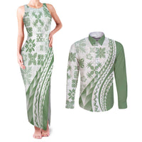 Green Hawaiian Quilt Pattern Couples Matching Tank Maxi Dress and Long Sleeve Button Shirt Mixed Polynesian Tribal Arty