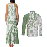 Green Hawaiian Quilt Pattern Couples Matching Tank Maxi Dress and Long Sleeve Button Shirt Mixed Polynesian Tribal Arty