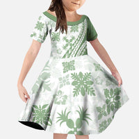 Green Hawaiian Quilt Pattern Family Matching Long Sleeve Bodycon Dress and Hawaiian Shirt Mixed Polynesian Tribal Arty