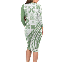 Green Hawaiian Quilt Pattern Family Matching Long Sleeve Bodycon Dress and Hawaiian Shirt Mixed Polynesian Tribal Arty