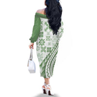 Green Hawaiian Quilt Pattern Family Matching Off The Shoulder Long Sleeve Dress and Hawaiian Shirt Mixed Polynesian Tribal Arty