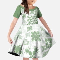 Green Hawaiian Quilt Pattern Family Matching Off Shoulder Maxi Dress and Hawaiian Shirt Mixed Polynesian Tribal Arty