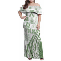 Green Hawaiian Quilt Pattern Family Matching Off Shoulder Maxi Dress and Hawaiian Shirt Mixed Polynesian Tribal Arty