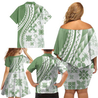 Green Hawaiian Quilt Pattern Family Matching Off Shoulder Short Dress and Hawaiian Shirt Mixed Polynesian Tribal Arty