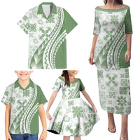 Green Hawaiian Quilt Pattern Family Matching Puletasi and Hawaiian Shirt Mixed Polynesian Tribal Arty