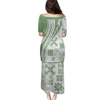 Green Hawaiian Quilt Pattern Family Matching Puletasi and Hawaiian Shirt Mixed Polynesian Tribal Arty