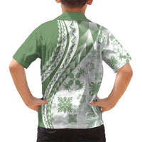 Green Hawaiian Quilt Pattern Family Matching Short Sleeve Bodycon Dress and Hawaiian Shirt Mixed Polynesian Tribal Arty