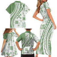 Green Hawaiian Quilt Pattern Family Matching Short Sleeve Bodycon Dress and Hawaiian Shirt Mixed Polynesian Tribal Arty
