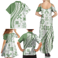 Green Hawaiian Quilt Pattern Family Matching Summer Maxi Dress and Hawaiian Shirt Mixed Polynesian Tribal Arty