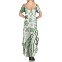 Green Hawaiian Quilt Pattern Family Matching Summer Maxi Dress and Hawaiian Shirt Mixed Polynesian Tribal Arty