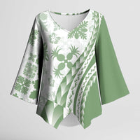 Green Hawaiian Quilt Pattern Kimono Sleeve Blouse Mixed Polynesian Tribal Arty - Polynesian Pride