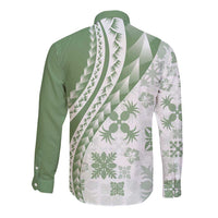 Green Hawaiian Quilt Pattern Long Sleeve Button Shirt Mixed Polynesian Tribal Arty