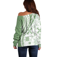 Green Hawaiian Quilt Pattern Off Shoulder Sweater Mixed Polynesian Tribal Arty