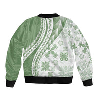 Green Hawaiian Quilt Pattern Sleeve Zip Bomber Jacket Mixed Polynesian Tribal Arty