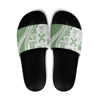 Green Hawaiian Quilt Pattern Slide Sandals Mixed Polynesian Tribal Arty - Polynesian Pride