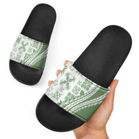Green Hawaiian Quilt Pattern Slide Sandals Mixed Polynesian Tribal Arty - Polynesian Pride