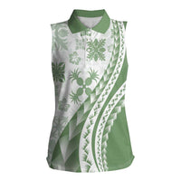 Green Hawaiian Quilt Pattern Women Sleeveless Polo Shirt Mixed Polynesian Tribal Arty